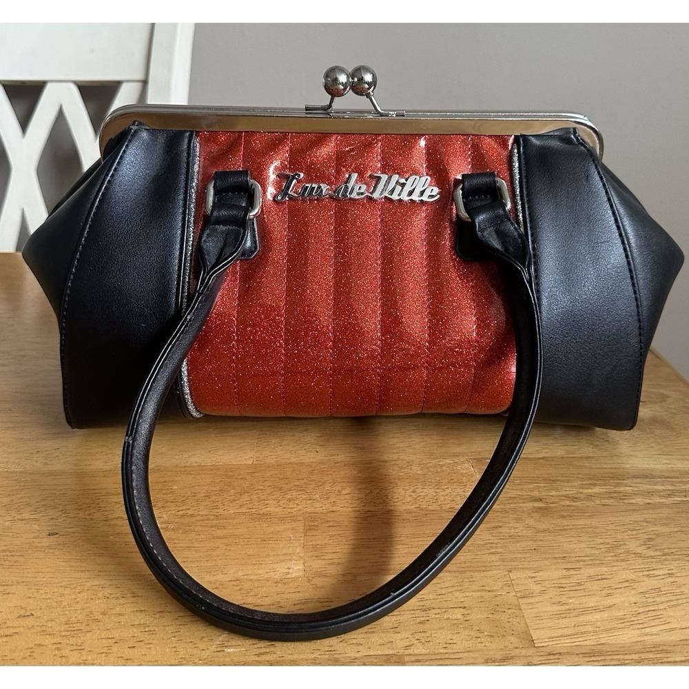 Lux De Ville Red Rum Sparkle & Black Glitter Kiss Lock Purse Handbag Frame READ